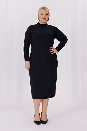 Kadın Siyah Balıkçı Yaka Esnek Burgu Triko Büyük Beden Elbise