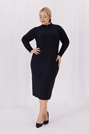 Kadın Siyah Balıkçı Yaka Esnek Burgu Triko Büyük Beden Elbise