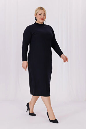 Kadın Siyah Balıkçı Yaka Esnek Burgu Triko Büyük Beden Elbise