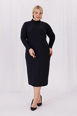 Kadın Siyah Balıkçı Yaka Esnek Burgu Triko Büyük Beden Elbise