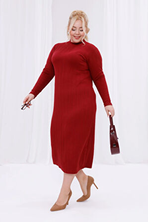 Kadın Bordo Balıkçı Yaka Esnek Burgu Triko Büyük Beden Elbise