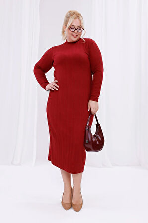 Kadın Bordo Balıkçı Yaka Esnek Burgu Triko Büyük Beden Elbise