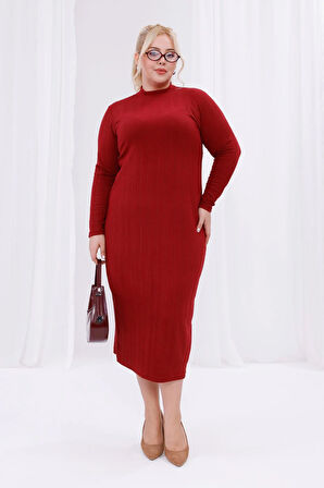 Kadın Bordo Balıkçı Yaka Esnek Burgu Triko Büyük Beden Elbise