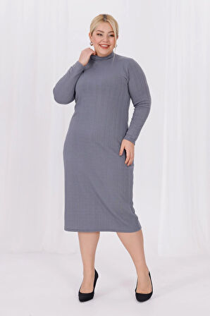Kadın Gri Balıkçı Yaka Esnek Burgu Triko Büyük Beden Elbise