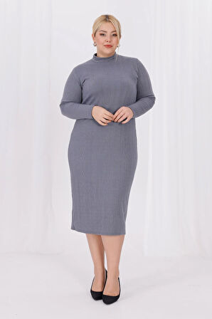 Kadın Gri Balıkçı Yaka Esnek Burgu Triko Büyük Beden Elbise