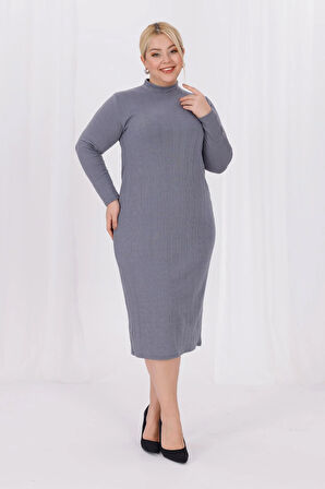 Kadın Gri Balıkçı Yaka Esnek Burgu Triko Büyük Beden Elbise