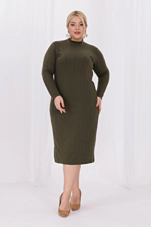 Kadın Haki Yeşil Balıkçı Yaka Esnek Burgu Triko Büyük Beden Elbise