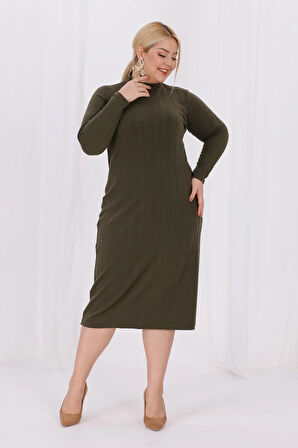 Kadın Haki Yeşil Balıkçı Yaka Esnek Burgu Triko Büyük Beden Elbise
