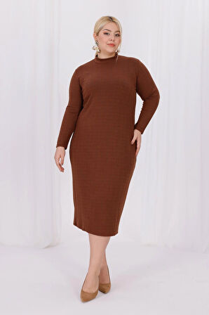 Kadın Kahve Balıkçı Yaka Esnek Burgu Triko Büyük Beden Elbise