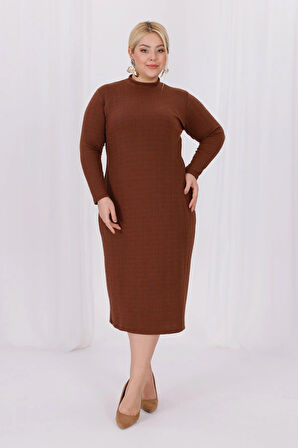 Kadın Kahve Balıkçı Yaka Esnek Burgu Triko Büyük Beden Elbise