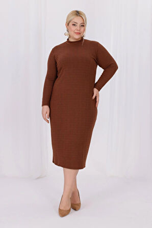 Kadın Kahve Balıkçı Yaka Esnek Burgu Triko Büyük Beden Elbise