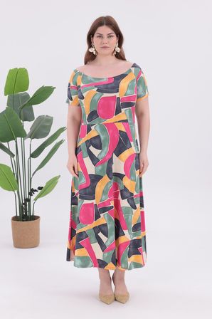 Kadın Pembe Gri Geometrik Desen Kayık Yaka Kısa Kol Büyük Beden Esnek Maxi Elbise