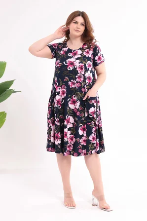 Kadın Lacivert Pembe Floral Desen Cepli Salaş 42-54 Uyumlu Standart Beden Esnek Elbise