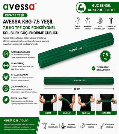 Özel Üretim KBG-7,5 Yeşil 7,5 kg Kol-Bilek Güçlendirme Çubuğu Aktif Yaşam Bireysel Spor Güç Çalışma