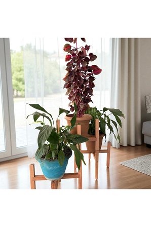 Üçlü Dekoratif Ahşap Saksı Standı Çiçek ve Saksı Altlığı 3 Adet Raf Çiçeklik Stant