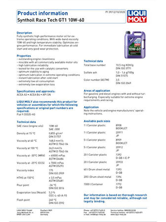 LIQUI MOLY Synthoil Race Tech GT1 10W-60 5 Litre Motor Yağı