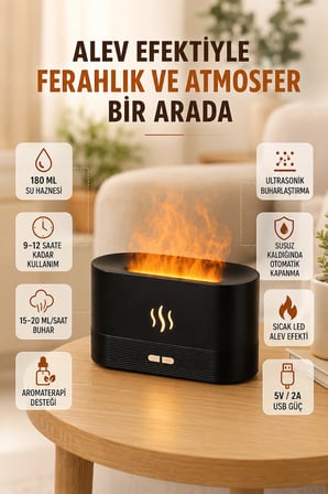 Mey İthalat Ultrasonik Aromaterapi Difüzörü 180 ML Hazneli Dekoratif Alev Efektli Nemlendirici