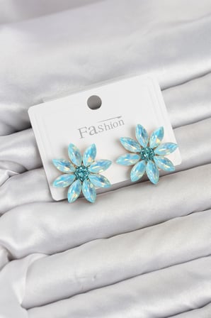 Mey İthalat Buz Mavisi Renk Kristal Taşlı Lotus Çiçek Model Kadın Küpe