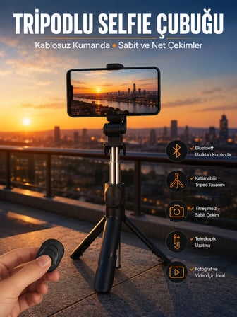 Mey İthalat Selfie Çubuğu Tripod Kumandalı Telefon Tutucu Siyah