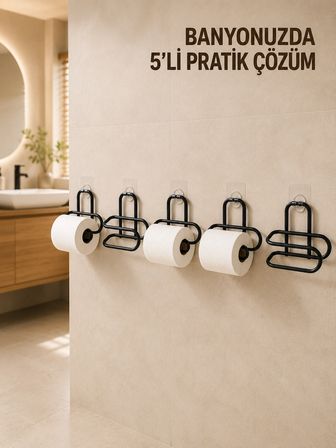 Mey İthalat 5 Adet Duvara Yapışkanlı WC Kağıtlık Delmeden Montaj Siyah Metal Tuvalet Kağıdı Askısı