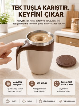 Mey İthalat Manyetik Karıştırıcı Kupa USB Şarjlı Otomatik Karıştırma Çift Katmanlı