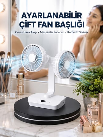 Mey İthalat Ayarlanabilir Hızlı Çift Başlıklı Masaüstü Fan – Gece Lambalı Serinletici