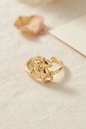 Mey İthalat Gold Renk Kedi Tasarım Pirinç Kadın Yüzük