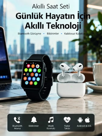 Mey İthalat Bluetooth Arama Özellikli Akıllı Saat Seti Kablosuz Kulaklık Hediyeli, Android & iOS Uyumlu