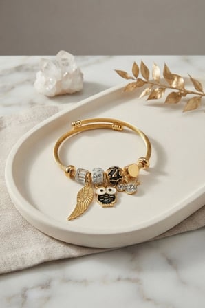Mey İthalat Siyah Baykuş Model Gold Renk Charmlı Bileklik