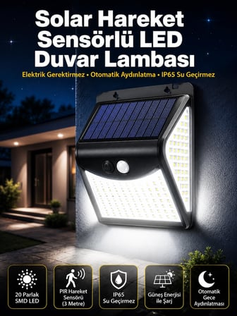 Mey İthalat Güneş Enerjili Sensörlü Duvar Lambası Bahçe Lamba Suya Dayanıklı Bahçe Aydınlatma