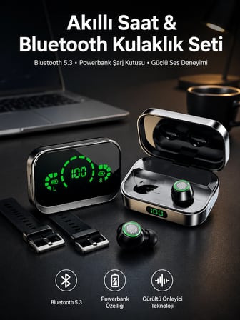 Mey İthalat TWS Bluetooth Kulaklık ve Akıllı Saat Uyku Takibi Nabız Ölçer Uzun Pil Ömrü