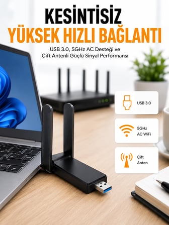 Mey İthalat Mbps Wifi Alıcı Kablosuz Wifi Adaptörü Çift Band Çift Antenli Yeni Nesil