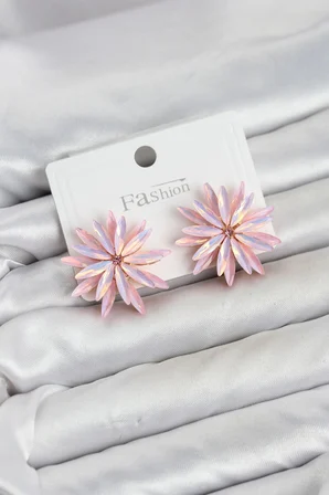 Mey İthalat Lotus Model Pembe Renk Kristal Taşlı Kadın Küpe