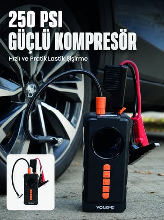 Mey İthalat Dijital Araç Kompresörü 4 Fonksiyonlu Akü Takviye Lastik Şişirme Powerbank ve LED El Feneri