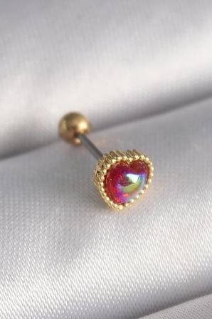 Mey İthalat 316L Çelik Gold Renk Kırmızı Mineli Kalp Tragus Piercing