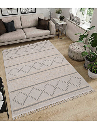 Dekoratif Modern Naturel Kayma Yapmayan Yıkanabilir Pamuk Dokuma Kilim Saçaklı 7014B