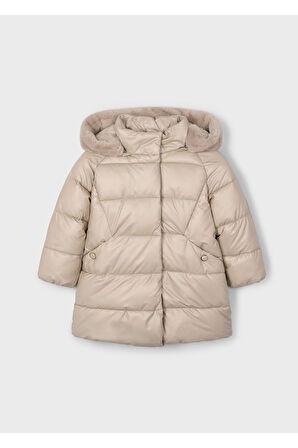 Mayoral Kız Çocuk Kürk Süslemeli Kapüşonlu Uzun Mont 4447 Krem