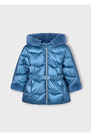 Mayoral Kız Çocuk Kürk Süslemeli Kapüşonlu Kemerli Parlak Uzun Mont 4448 Mavi