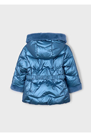 Mayoral Kız Çocuk Kürk Süslemeli Kapüşonlu Kemerli Parlak Uzun Mont 4448 Mavi