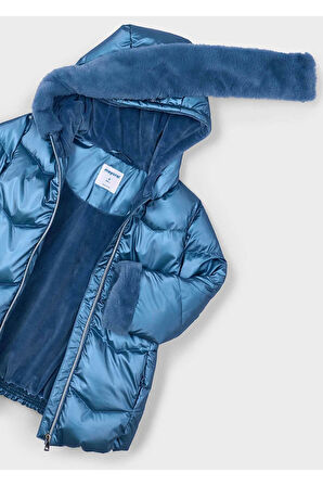 Mayoral Kız Çocuk Kürk Süslemeli Kapüşonlu Kemerli Parlak Uzun Mont 4448 Mavi