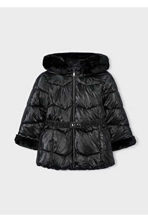 Mayoral Kız Çocuk Kürk Süslemeli Kapüşonlu Kemerli Parlak Uzun Mont 4448 Siyah