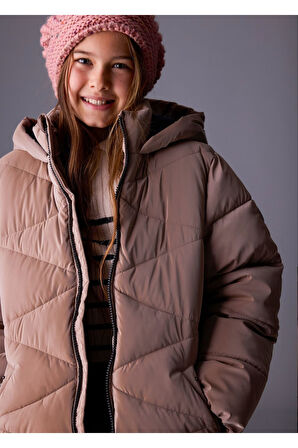 Mayoral Kız Çocuk Dolgulu Yumuşak Doku Uzun Kalın Kışlık Mont 7436 Kahverengi