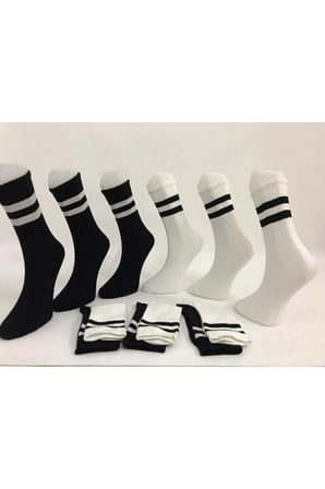Unisex 6' Lı Siyah Beyaz Uzun Çizgili Tenis Çorabı