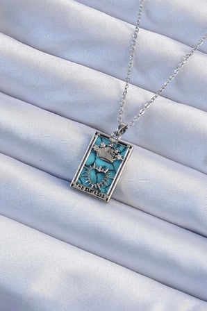 Mey İthalat 316L Çelik Zincir Gümüş Renk Zirkon Taşlı Mavi Mermer Desenli Taç Model Tarot Kolye
