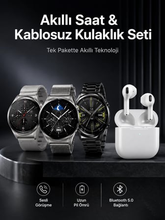 Mey İthalat Akıllı Saat ve Kulaklık Seti Dokunmatik Ekran 5.0 Bluetooth Bağlantılı Sesli Görüşme