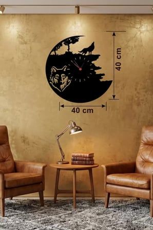 Kurt Temalı Lazer Kesim Ahşap Duvar Saati - 40x40 cm Dekoratif