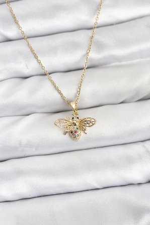 316L Çelik Zincir Gold Renk Sinek Model Zirkon Taşlı Kadın Kolye