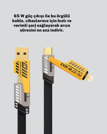 Hızlı Şarj Destekli 65W Örgülü USB-C ve USB-A Çoklu Şarj Kablosu