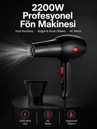 Mey İthalat Tüm Saç Tiplerine Uygun, İki Kademeli Hız Ayarlı Fön Makinesi