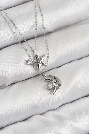 Pirinç Zirkon Taşlı Yıldız Ve Ay Model Gümüş Renk Kadın Kolye